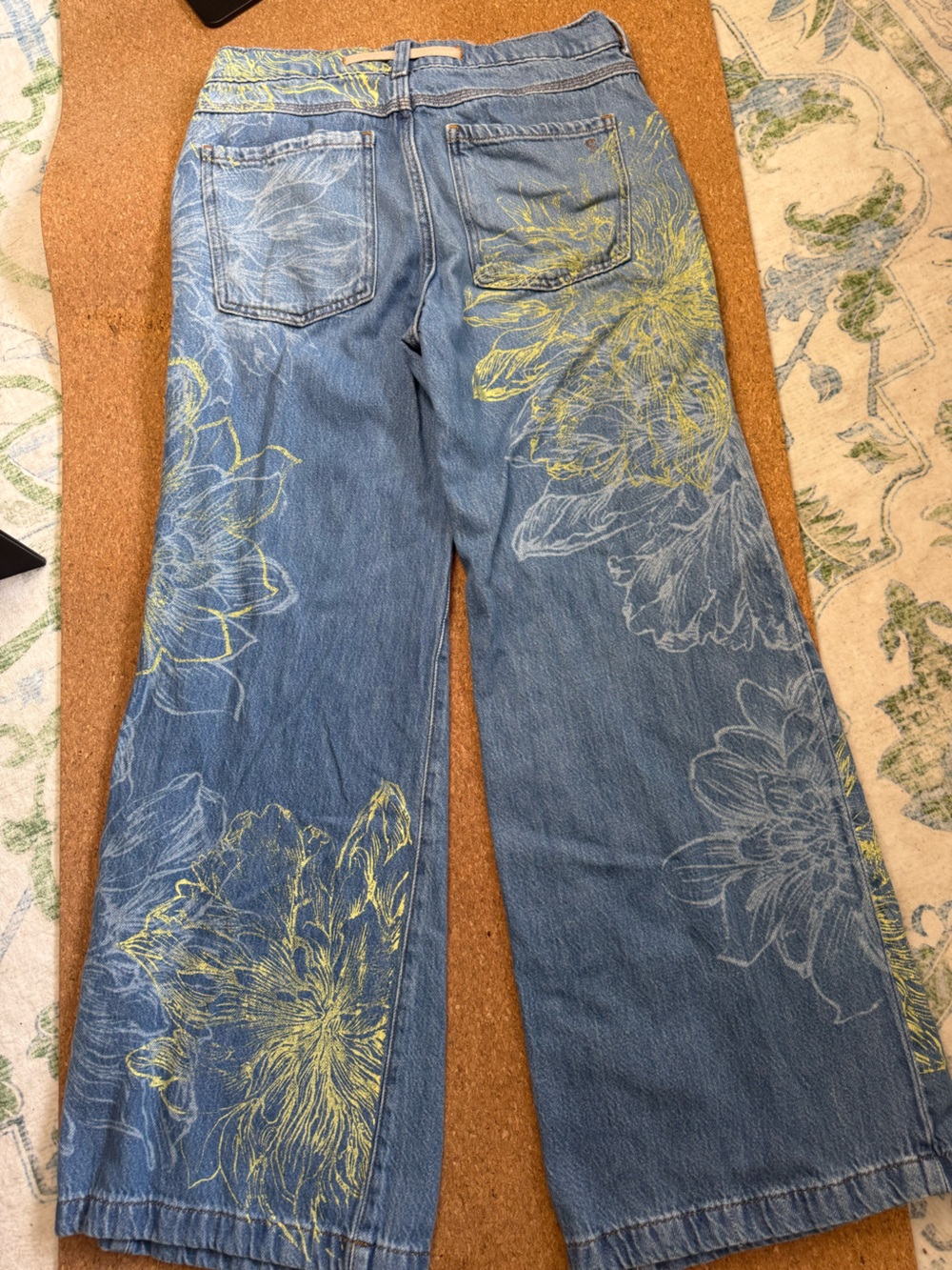 Pilcro Wide-Leg Jeans in Light Blue with Yellow Floral Accents - Picture 4 of 6
